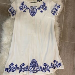 Lulus blue and white embroidered mini dress